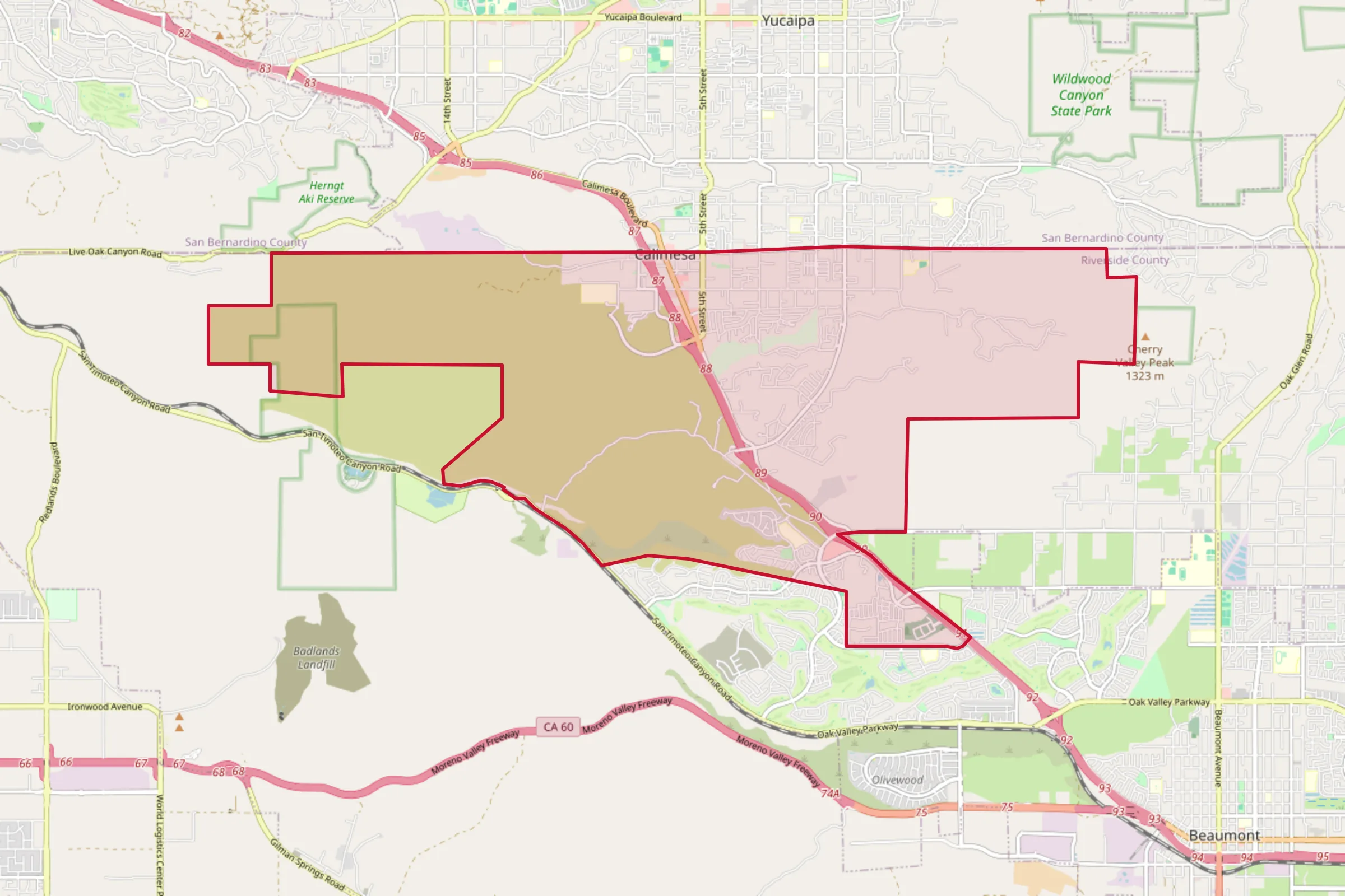Map showing the Calimesa, CA service area