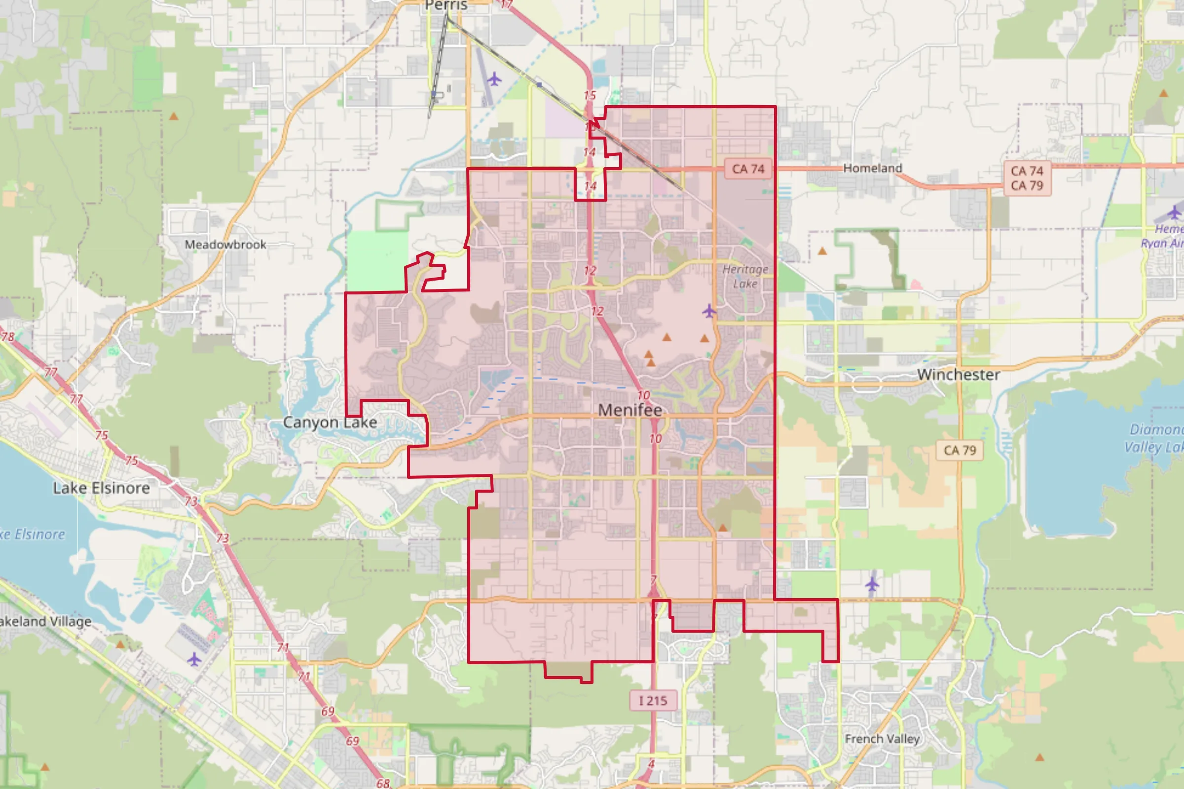 Map showing the Menifee, CA service area