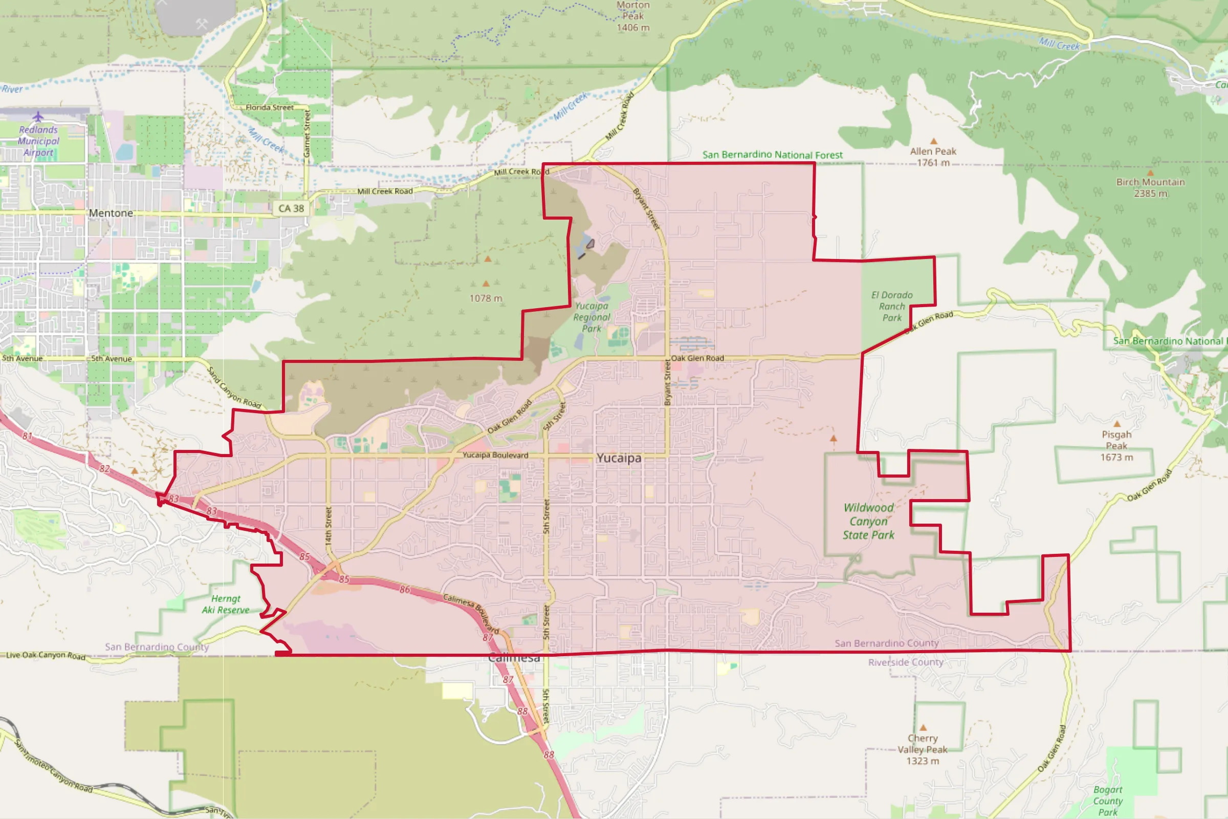 Map showing the Yucaipa, CA service area